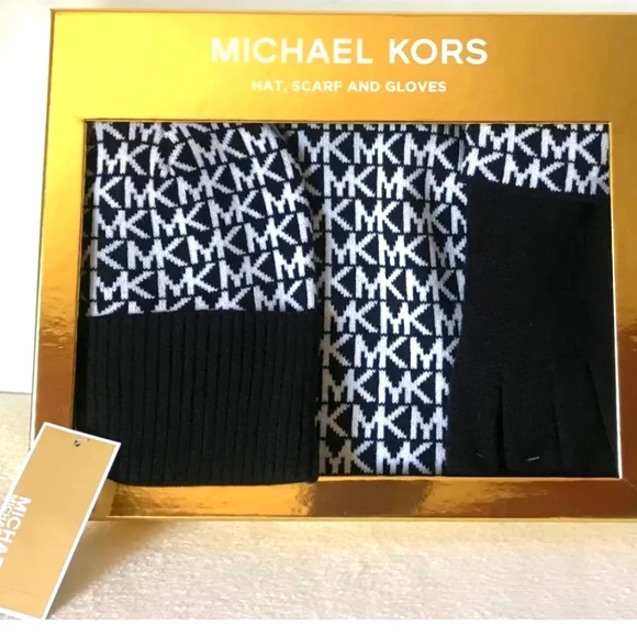 NWT~MICHAEL KORS SCARF, HAT & GLOVE SET BLACK/WHITE O/S - Picture 1 of 7